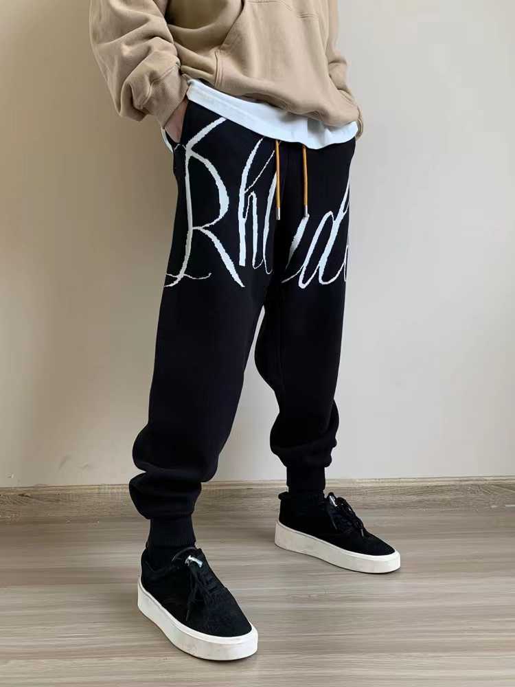 

Designer Clothing Casual Pant RHUDE Knitted Embossed Alphabet High Street Drawstring Leggings Pants Loose Long Pants Men's Trend Brand Hip hop, Black