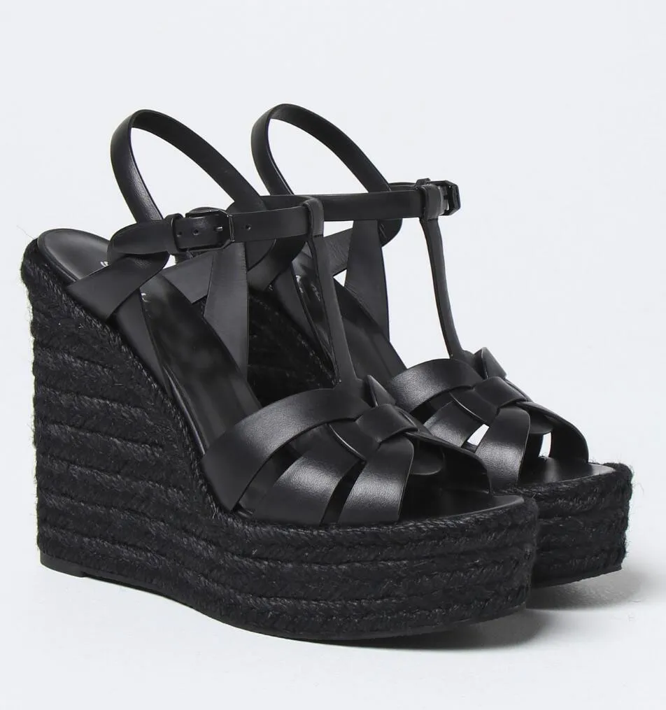 

2023 new Summer Luxury Women Tribute Sandals Shoes Nude Black Patent Leather Espadrilles Woven Rope Wedge Braided Bands Lady Walking EU35-43