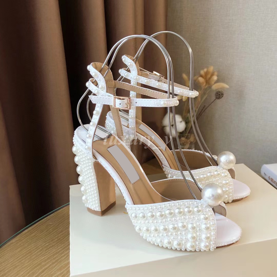 

Designer Sacora Sandals Elegant Bridal Women Wedding Dress Shoes Lady Pearls Leather Mules Luxury Chunky High Heels Women Walking