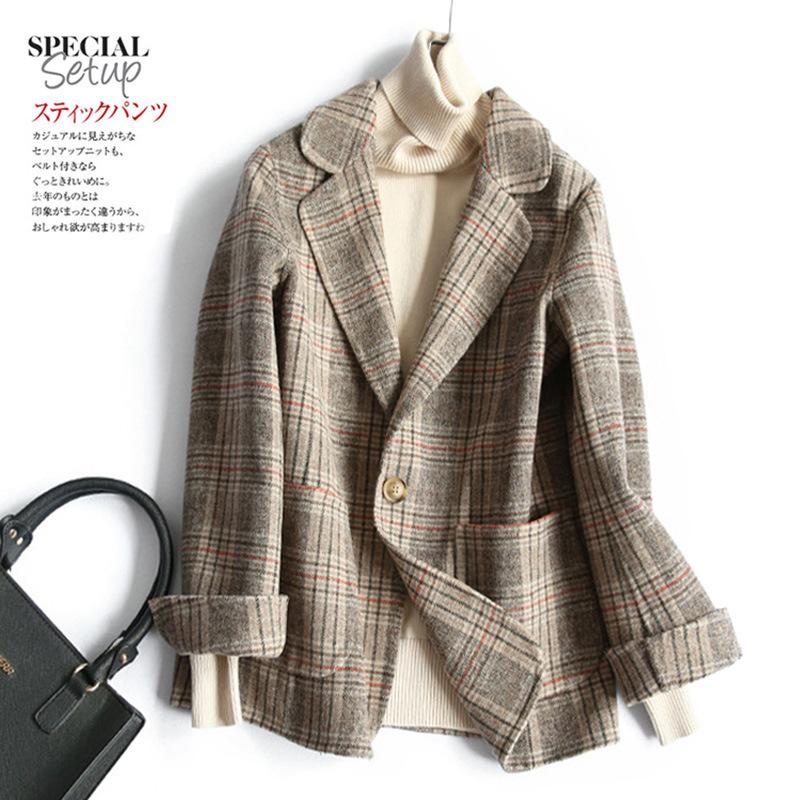 

Fur Temperament British Blazer women's fur coat short style 2021 autumn new woolen coat women's wear, Khaki check