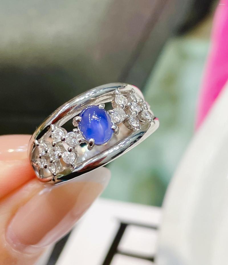 

Cluster Rings Blue Sapphire Ring 0.85ct Real Pt950 Natural Unheat Gemstone Diamonds Stone Female