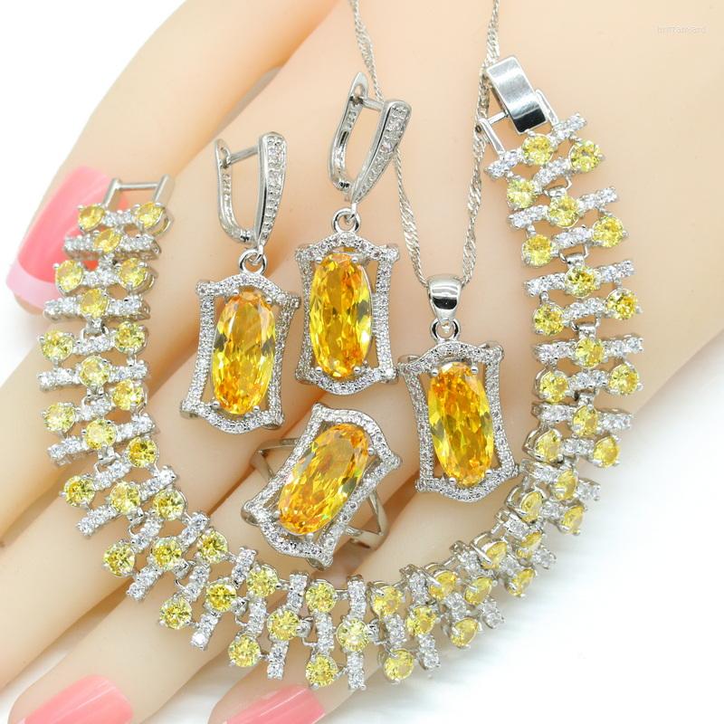 

Necklace Earrings Set Yellow Stones Dubai Silver Color Wedding For Women Pendant Bracelets Rings Birthday Gift, Picture shown