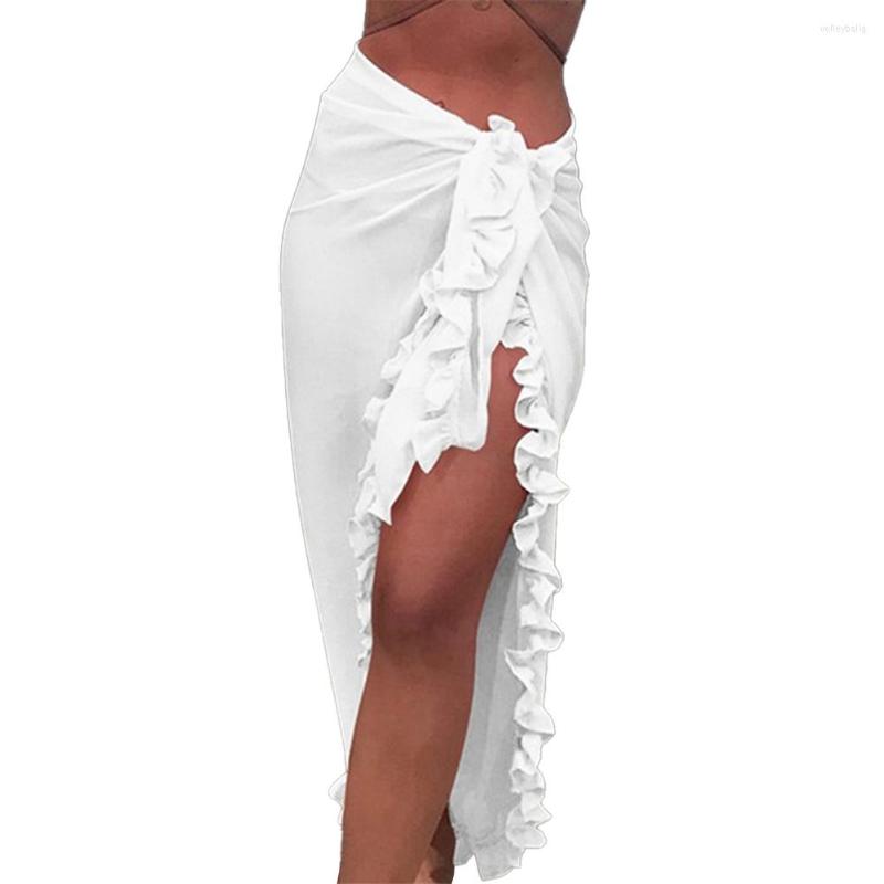 

Women's Swimwear Female Womens Swimsuit Clothes Kaftan Pareo Ruffle Ruffles Scarf See Through Bikini Cover Up Sheer Skirt Wrap, White