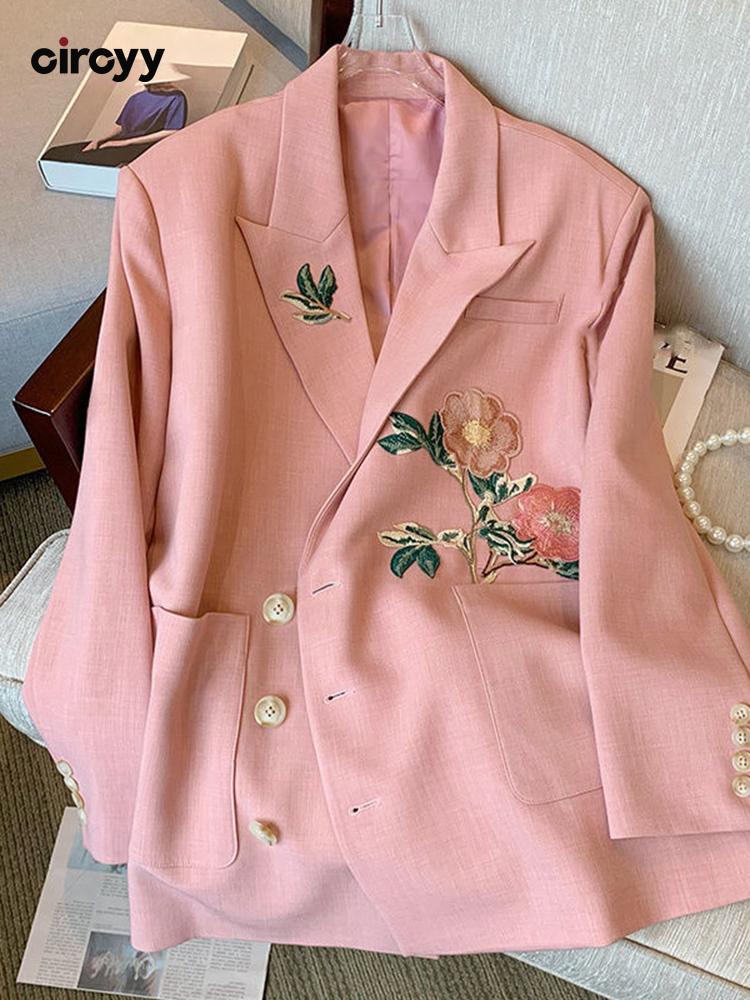 

Pants Circyy Pink Vintage Blazer Women Clothing Embroidery Floral Classic Spring Autumn Suits Casual Coat Notched Collar Korean Chic