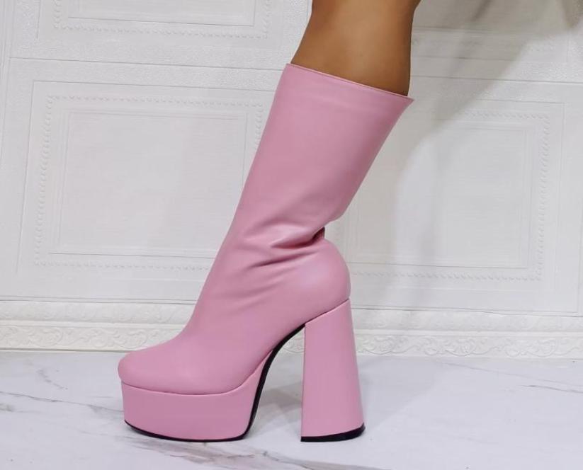 

Plain Sexy Gothic Booties Black Pink Strech Leather Midcalf Boots Female Autumn Zipper 15cm Block Chunky High Heels Platform Shoe2432106