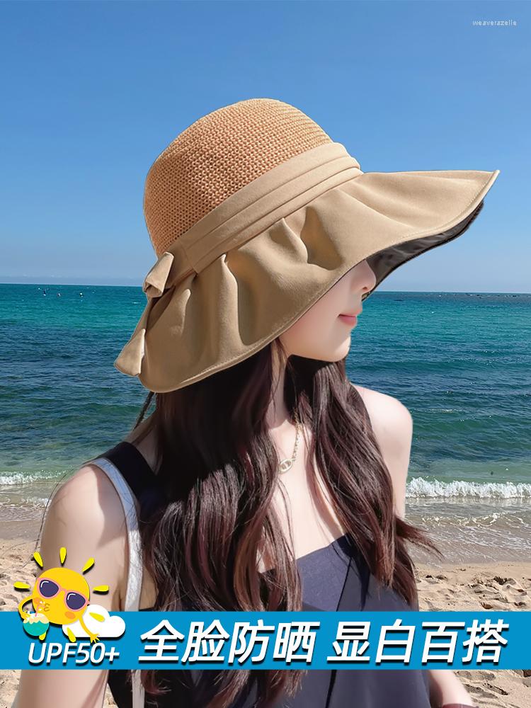 

Berets Women's Sun Hat Summer UV-Proof Straw Big Brim Sun-Proof Bucket Thin, Khaki