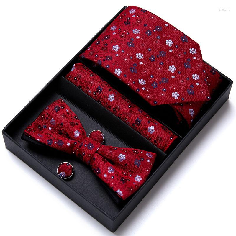 

Bow Ties 6pcs Tie Bowtie Cufflinks Handkerchief Box For Men Suit Sets Accessories Silk Necktie Business Gift Man Wedding Wholesale