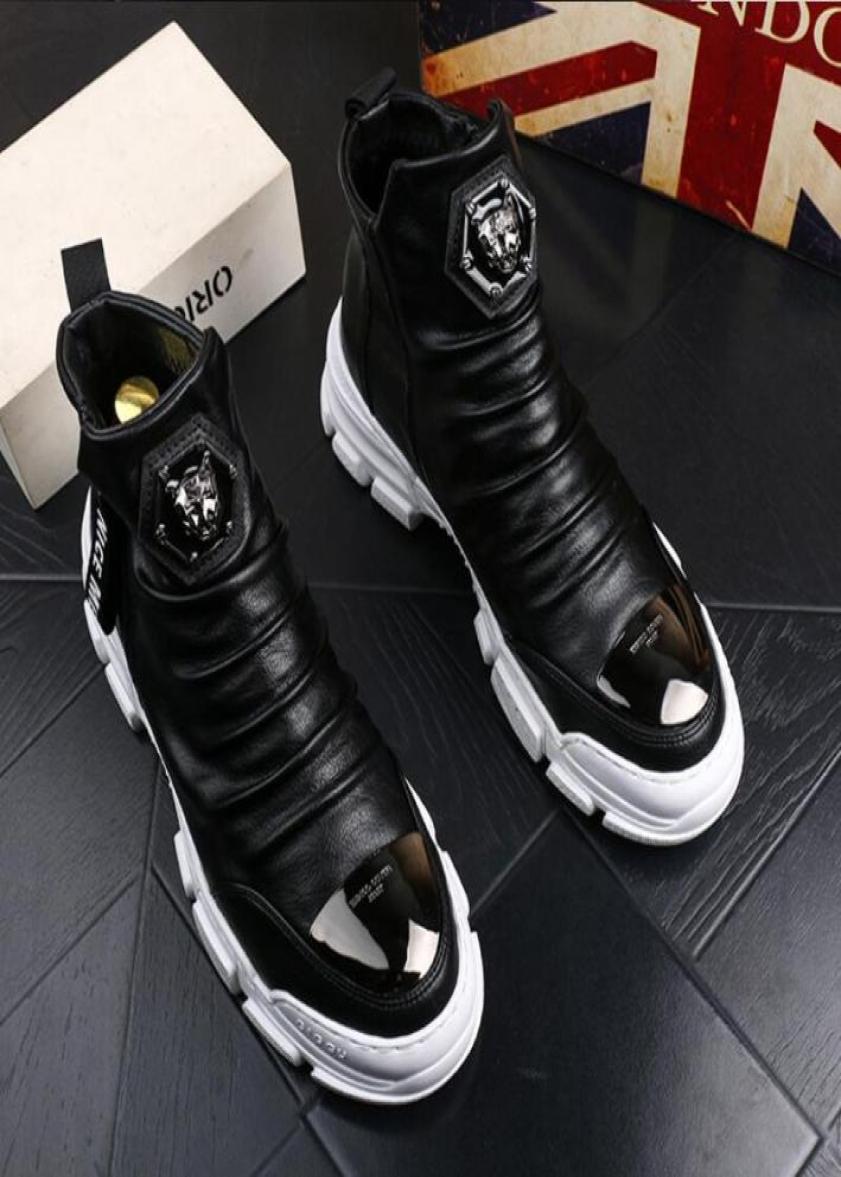 

New Men Fashion Casual Ankle Boots Spring Autumn Flock Leather Metal Decoration Riding Boots High Top Hip Hop Shoes b51996857, White