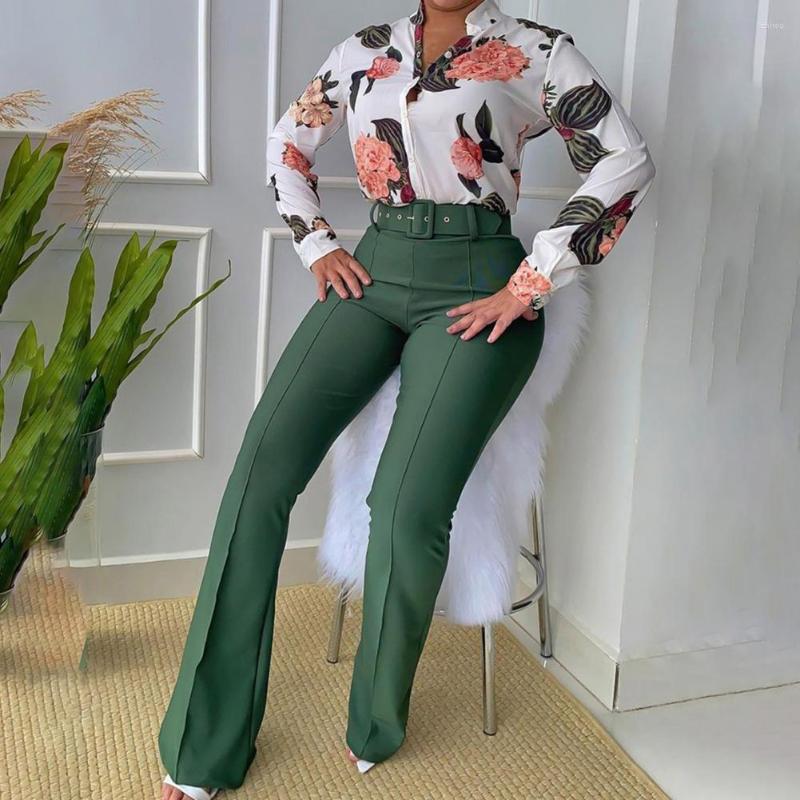 

Women' Two Piece Pants 2Pcs/Set Women Shirt Floral Printing Elastic Waist Suit Flare- Set For Office, Army green