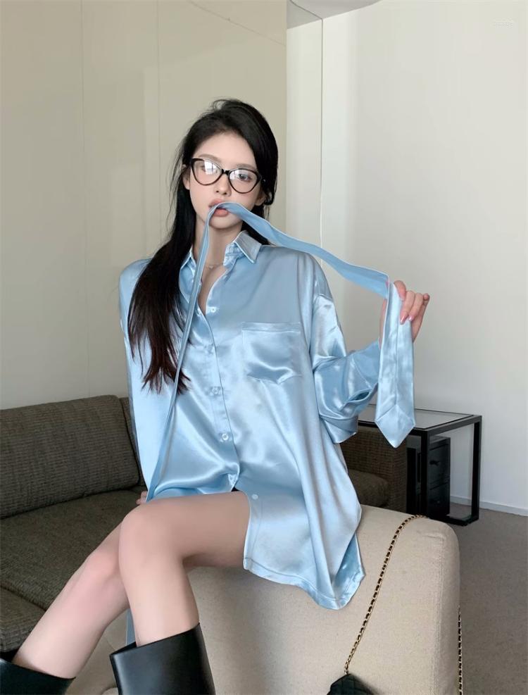 

Women's Blouses Korejepo Blue Satin Shirt Long Sleeve Women's Spring Temperament Loose Medium Length Top 2023 Sunscreen Cardigan Coat