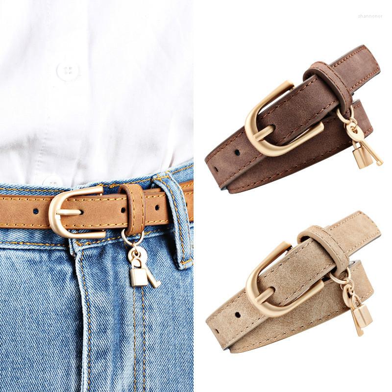

Belts Vintage Women Pu Leather Thin Belt Luxury Gold Pin Buckle Waist Lock Key Decoration Strap For Jeans Lady Fashion Waistband, Brown