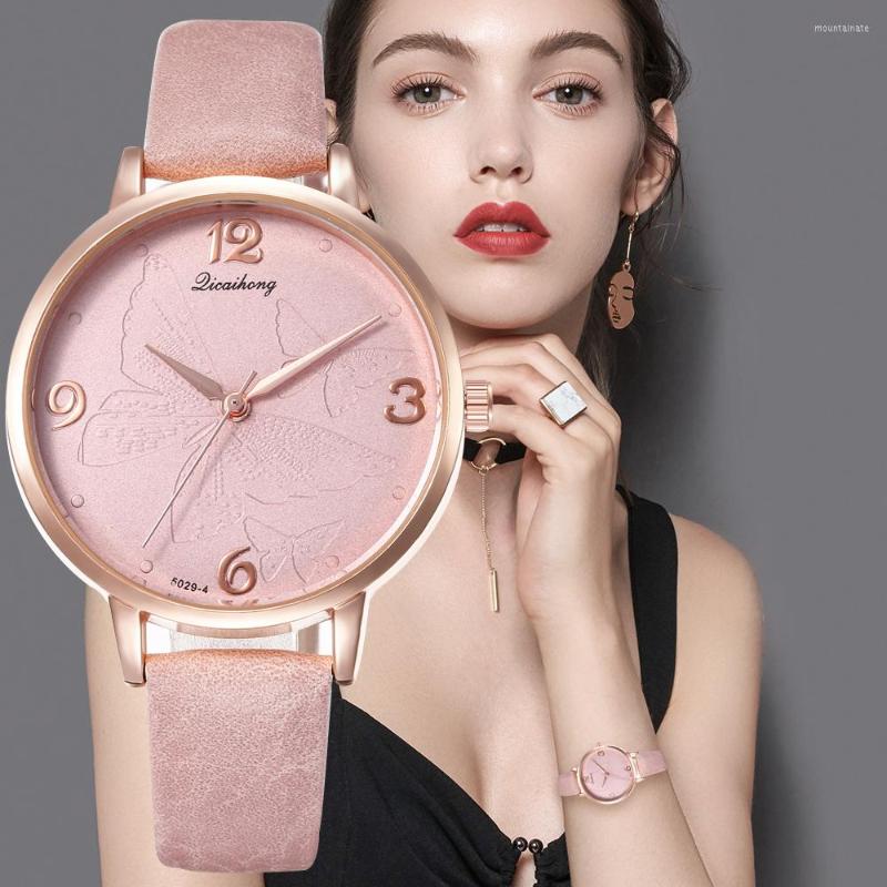 

Wristwatches Luxury Women Fashion Watche Simple Female Dress Printed Butterfly Classical Design Ladies Quartz Leather Watch, Pink