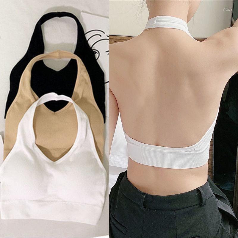 

Bras Fashion Sexy Halter Backless Bra Camisole For Women Wire Free Sport Top Suspenders Solid Crop Tops Shockproof Vest Lingerie, Black