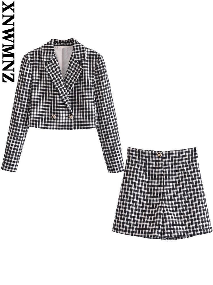 

Dress XNWMNZ wholesale clothes Women fashion with buttons tweed cropped check blazer coat or high waist check tweed bermuda shorts, Picture color