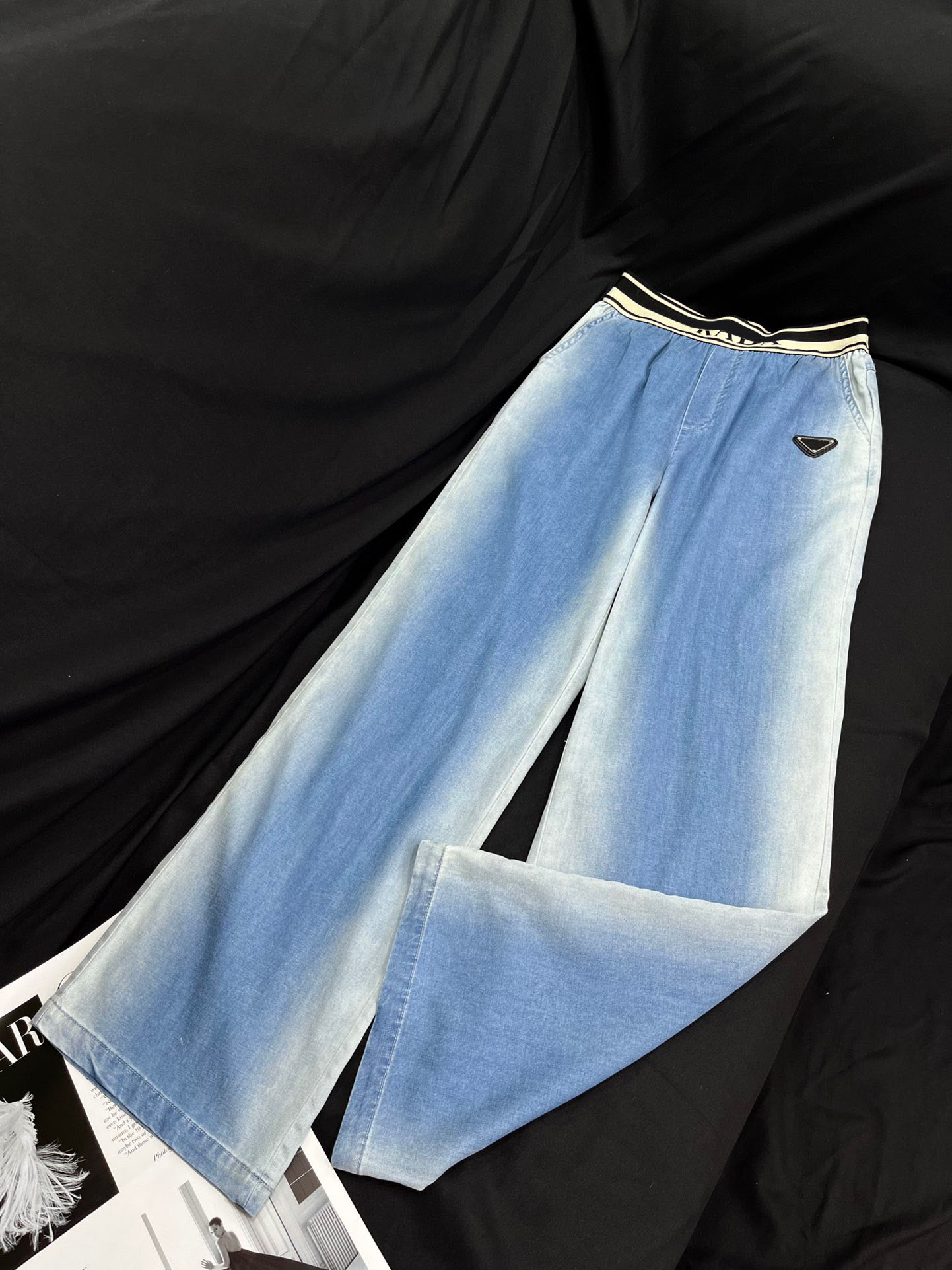 

2023 Women's Pants Summer Women's Fashion Triangle Badge Jeans Elasticity Waist Casual Straight Loose Wide Leg Pants Trousers, Blue