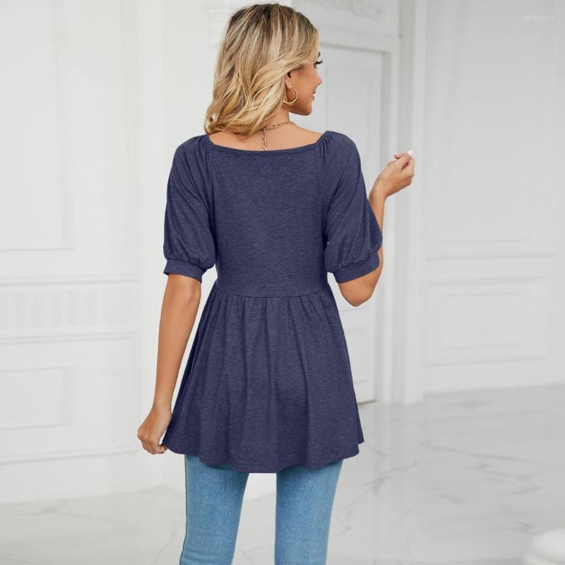 

Women's Blouses Chic Lady T-shirt Loose Hem Solid Color Summer Blouse Elastic Spring, Blue