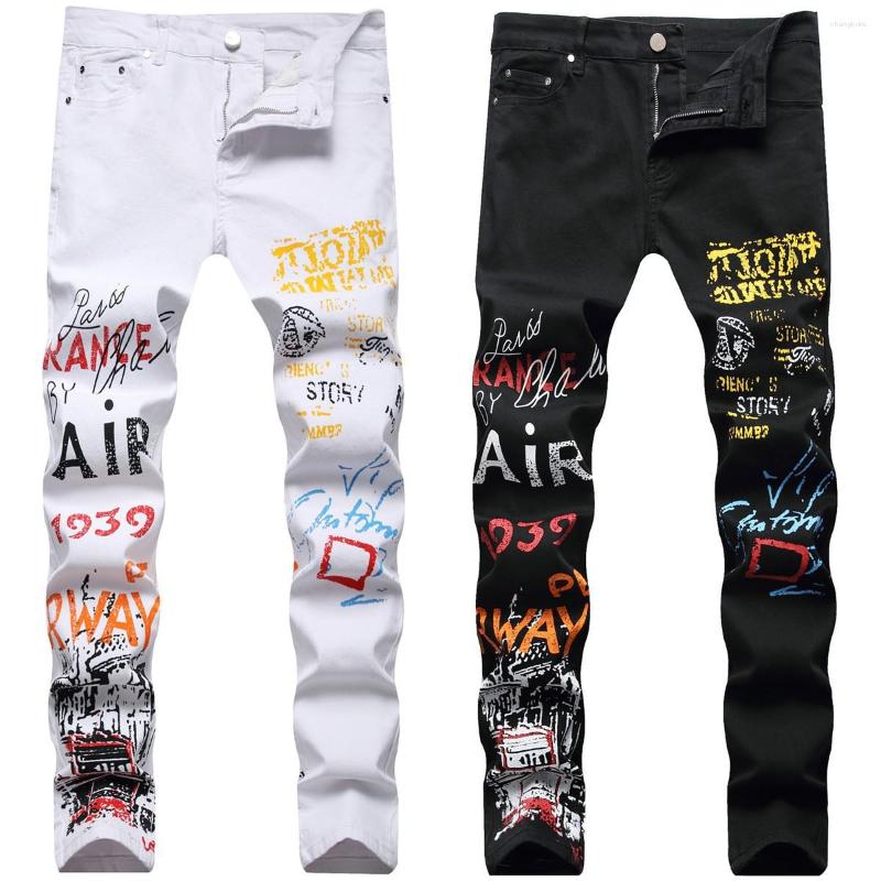 

Men's Jeans Men's Black Printed High Street Slim Fit Pants Quality Elastic, Black 5601