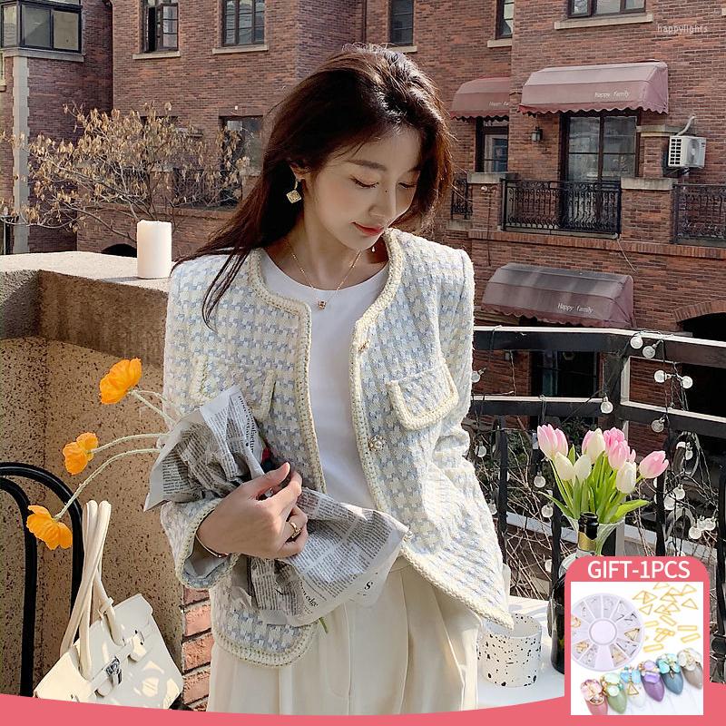 

Women' Jackets High Quality French Vintage Small Tweed Jacket Coat Women' Spring Autumn Casual Longs Sleeve Short Plaid Outwear Tops, Blue