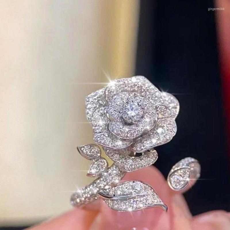 

Cluster Rings Luxury Flower Shiny Zircon Ring Female Adjustable Size Wedding Ball Jewelry Festival Gift G1716