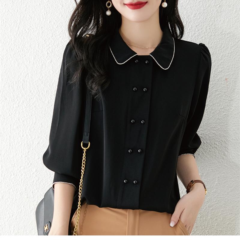 

Women's Blouses Double Breasted Shirts Women Black Long Sleeve Shirt Autumn