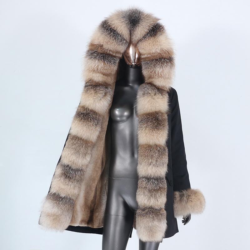 

Fur 2022 New Fashion Waterproof Real Fur Coat Winter Jacket Women Natural Fox Fur Collar Hooded Long Parka Warm Outerwear Streetwear, Black silver stripe