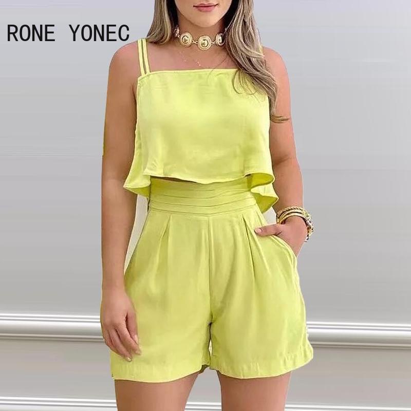 

Dress WOMEN CASUAL SPAGHETTI STRAPS SOLID LACE UP CROP TOP SOLID SUMMER SHORT SETS, Yellow