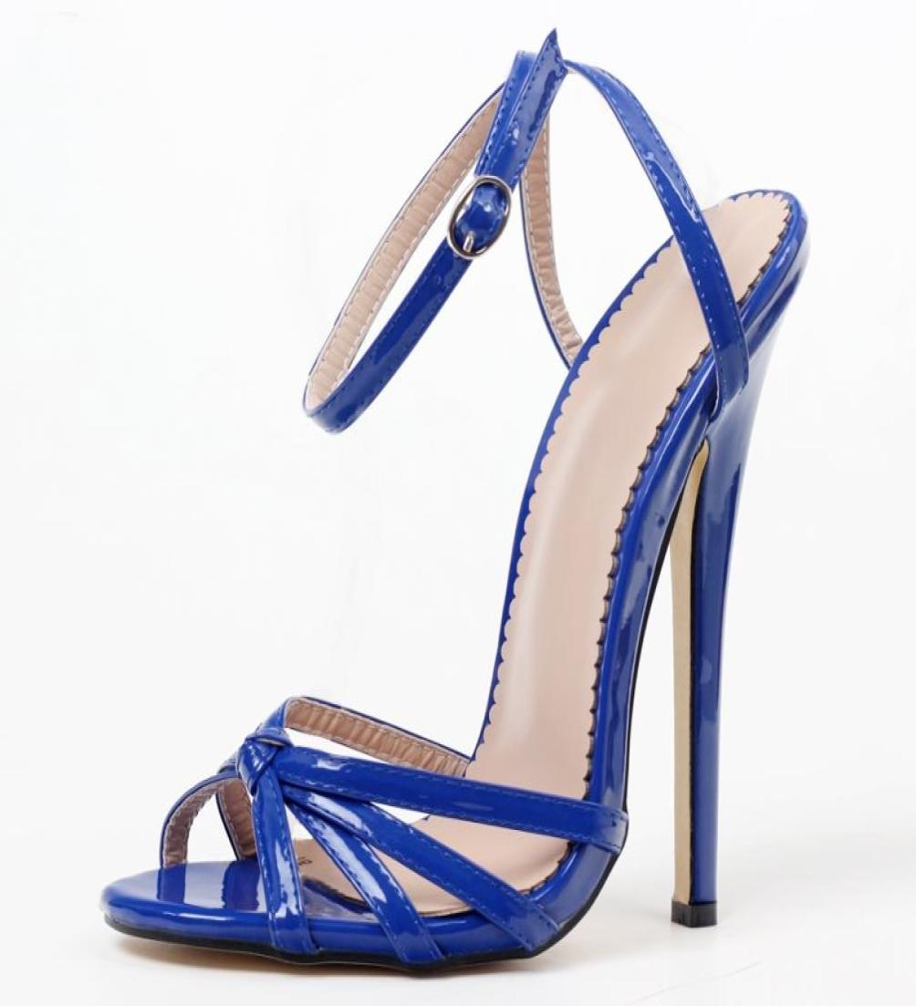 

18cm 7quot Stiletto Sandal summer Extreme high heel Blue Patent Leather heel Sexy fetish High BUCKLE STRAP WOMEN SANDALS8785313, Red