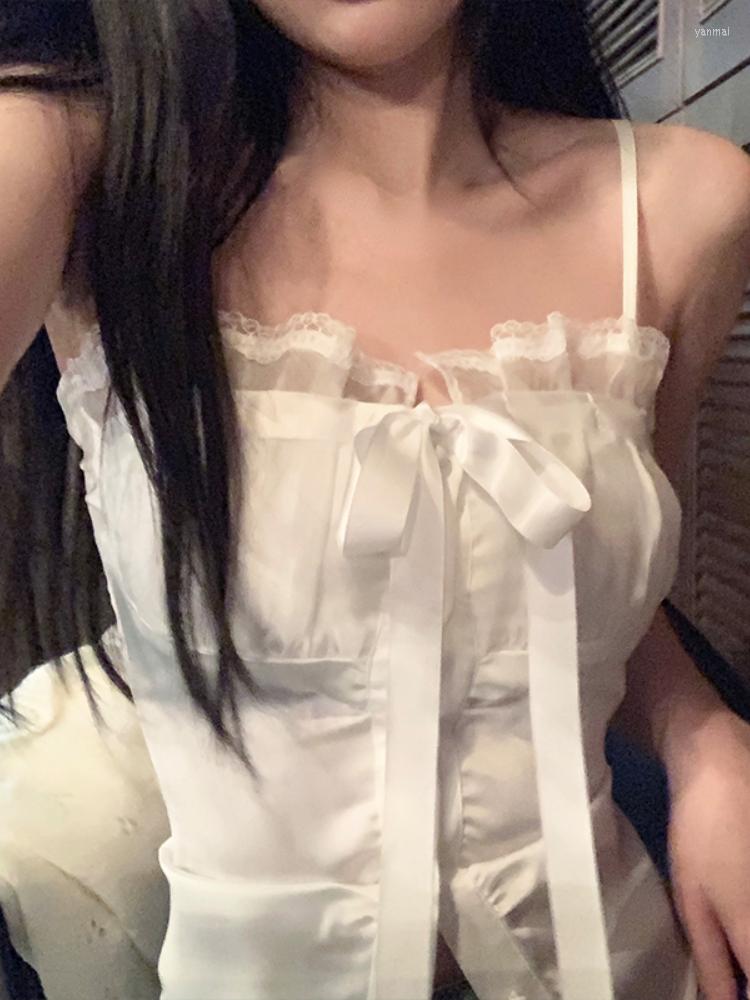 

Women' Tanks Pure Color Lace Strap Blouse Ladies Casual 2023 Spring Elegant Sexy Crop Tops Party Slim Korean Style Fashion Vest Design Chic, White