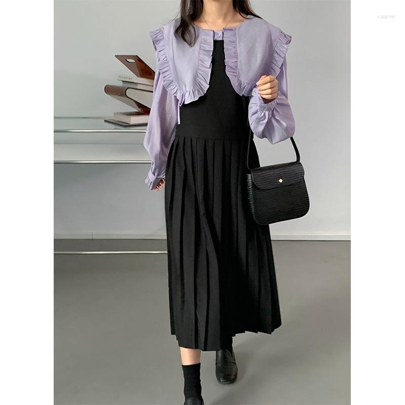 

Casual Dresses Spring Pleated One Piece Long Dress Sleeveless Retro Elegant Lady Robe Longue Vestido Largo, Black