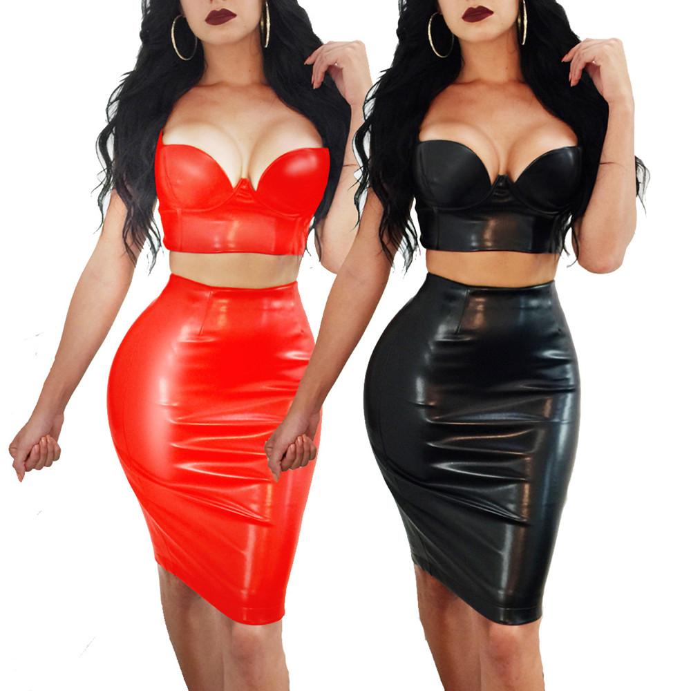 

Dress VNeck Wetlook PVC PU Leather Two Piece Set for Women Faux Leather Crop Top Bodycon Skirt 2 Piece Outfit Viquinis 2020 Ddlg, Black