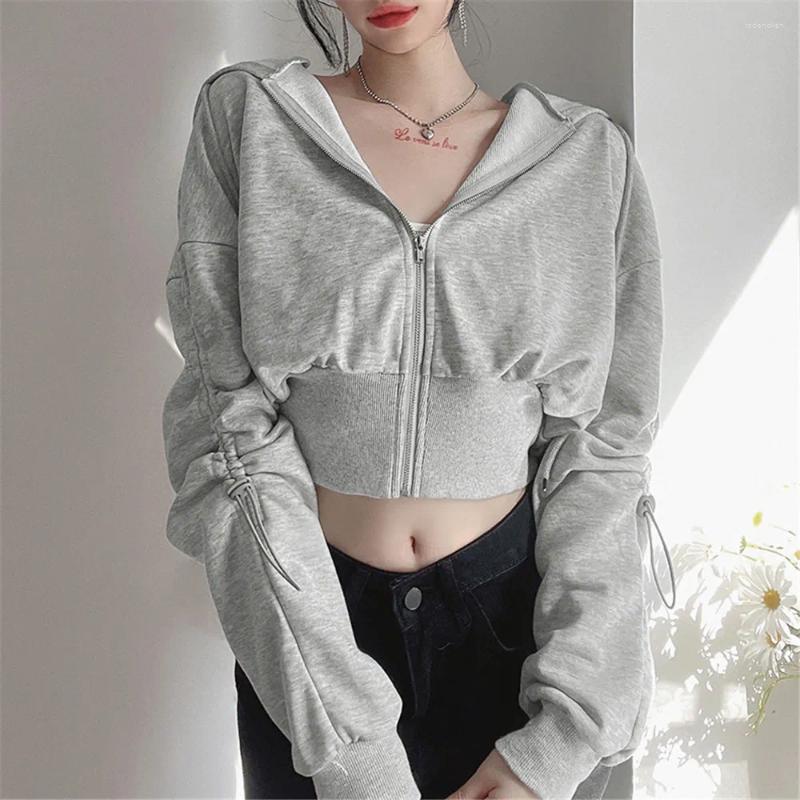 

Women' Jackets Casual Long Sleeve Hooded Jacket Ruched Solid Color Zipper Cropped Sweatshirt Autumn Winter Women Outerwear Hoodies, Black