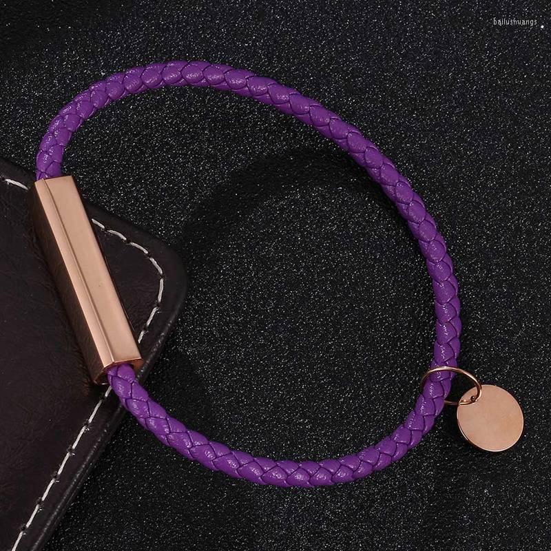 

Charm Bracelets Simple Style Men Women Leather Purple Stainless Steel Buckle Lovers Accessories Handmade Jewelry Gifts SP0701