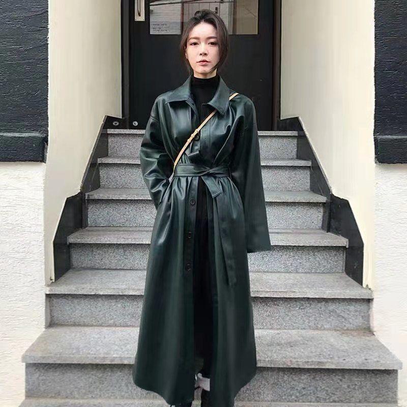 

Women' Leather & Faux Autumn Long Trench Coat For Women Belt Raincoat Jacket Korean Fashion Casaco Feminino Jaqueta Manteau Femme, Black