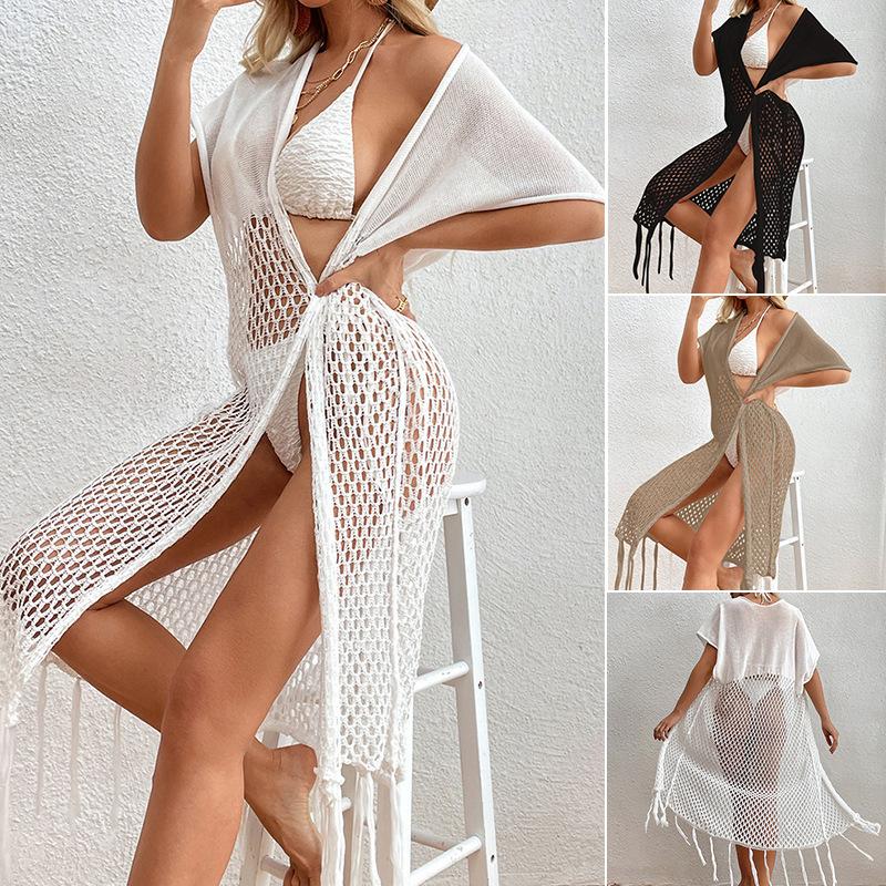 

Women' Swimwear Sexy Tassels Hollow Women Beach Dress Wear Cover-up European Tunic White Pareo Cover Ups Summer, Khaki-as pic