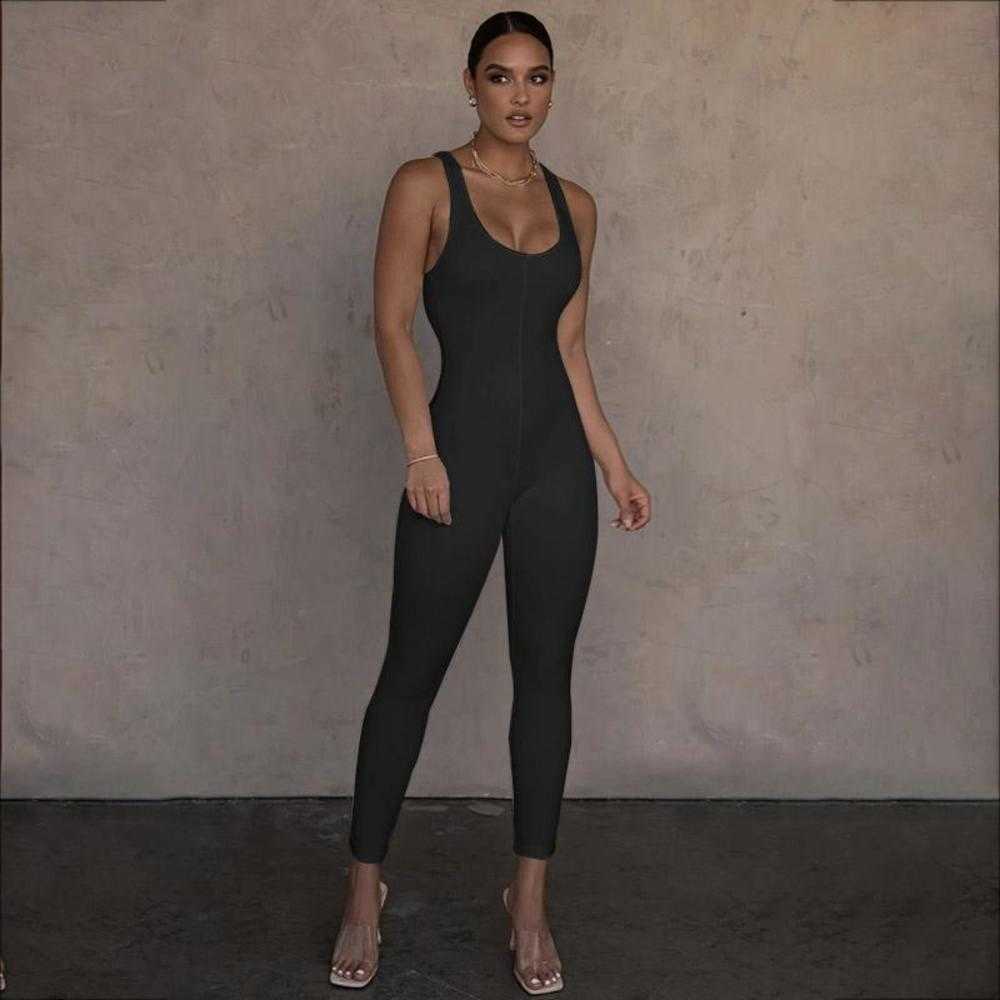 

Tracksuits Women' Jumpsuits Rompers Women Sleeveless Outfits Yoge Suit Fashion Solid Backless Deep Collar Casual Jumpsuit Romper Forqdne, Brown