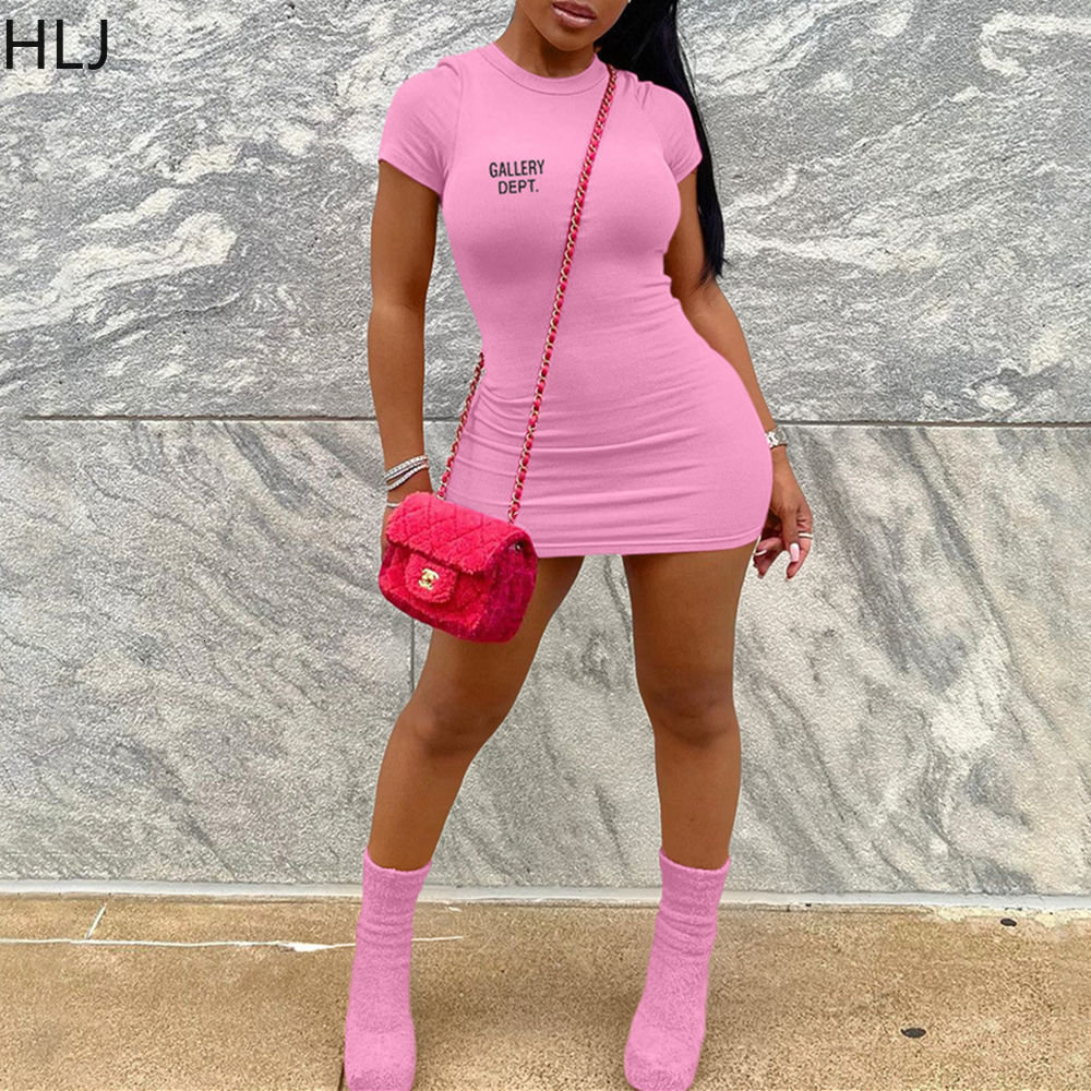 

Casual Dresses HLJ Sexy Letter Print Ribber Mini Dresses Women Round Neck Short Sleeve Bodycon Dress Casual Solid Color Slim Vestidos Clothing 230420, Black solid