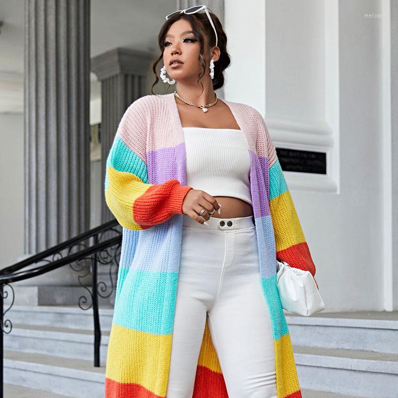 

Outerwear Hao 2023 Winter Plus Size Rainbow Strip Color Long Sleeve Coat Women's Open Cardigan Knee Length Sweater Jacket Clothing