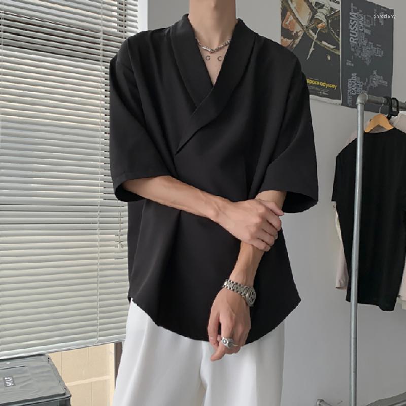 

Men's T Shirts Summer Japan Style V Neck Drape Short Sleeve Men Shirt Irregular Fashion Punk 2xl Oversized Clothing Tops Black White