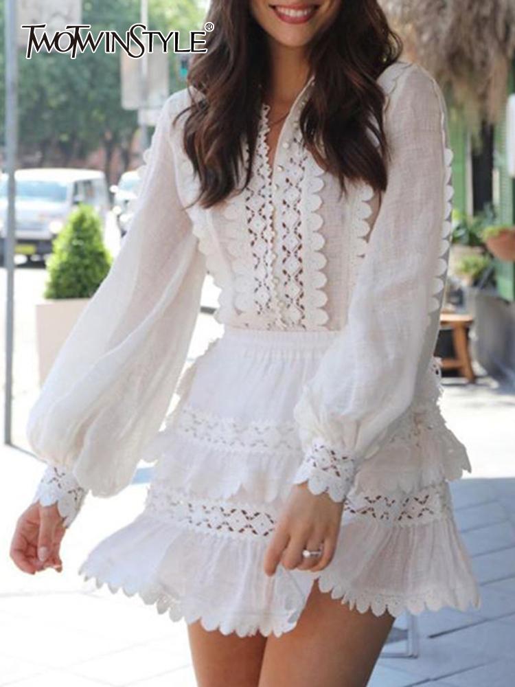 

Dress TWOTWINSTYLE Solid Cut Out Two Piece Set Women Round Neck Lantern Sleeve Shirt High Waist Loose Mini Skirts Female Sets Fashion, White