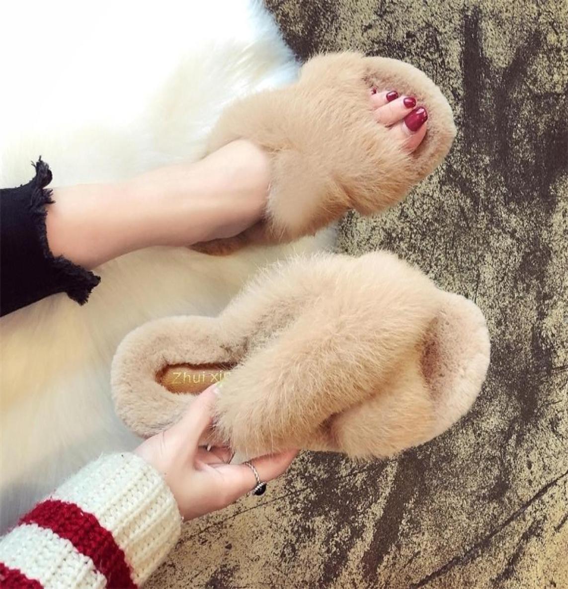 

Women Warm Winter New Rabbit Hair Slippers Female Cross Belt Fashion Wear Thick Platform Soft Fur Flat Slides Shoes Y2010265402347, Black