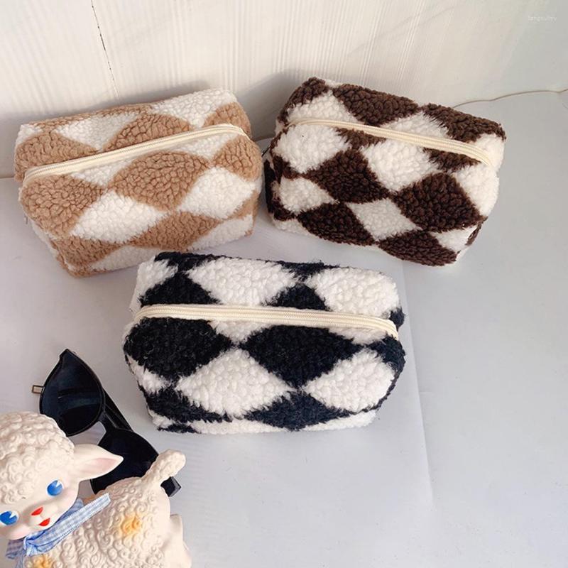 

Cosmetic Bags Checkerboard Student Stationery Bag Multi-function Plush Travel Casual Simple Portable Large Capacity For Outdoor Activities, Khaki