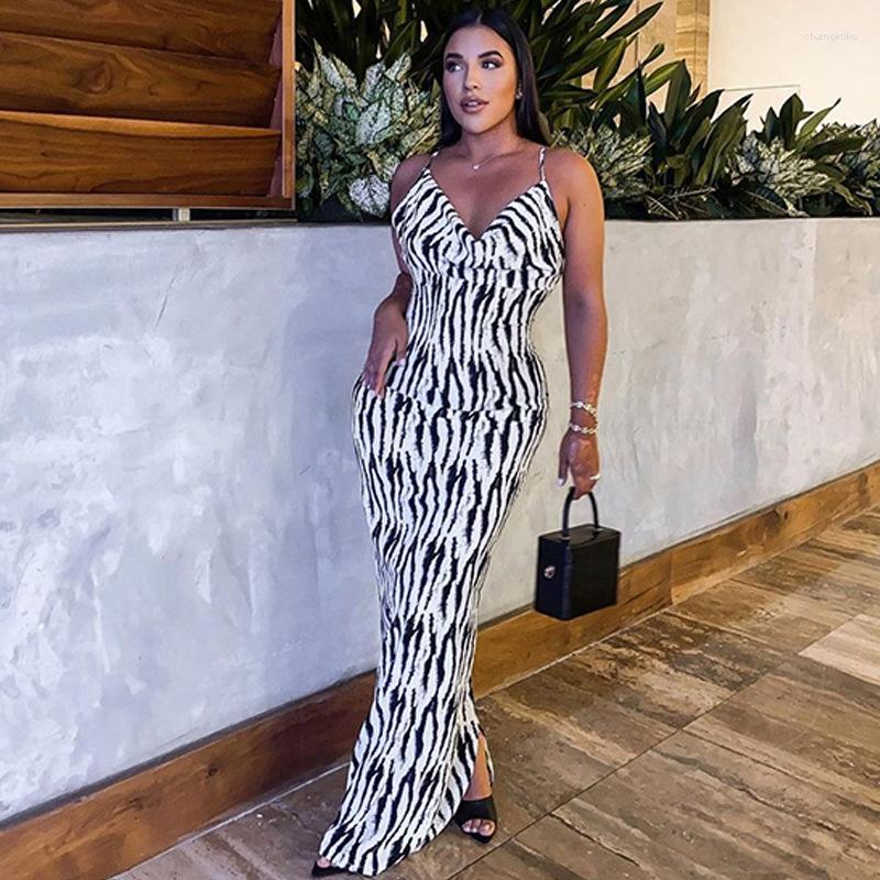 

Casual Dresses Zebra Print Swing Collar Sleeveless Backless Slit Maxi Prom Dress 2023 Summer Elegant Fashion Party Club Outfit Night Out