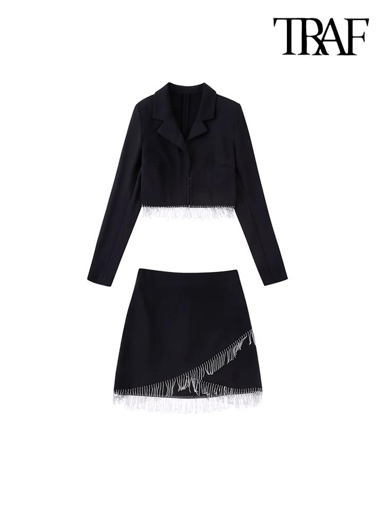 

Dress TRAF Women Fashion With Rhinestone Fringes Crop Jacket Coat And High Waist Side Zipper Mini Skirt Female 2pc Sets Mujer, As picture