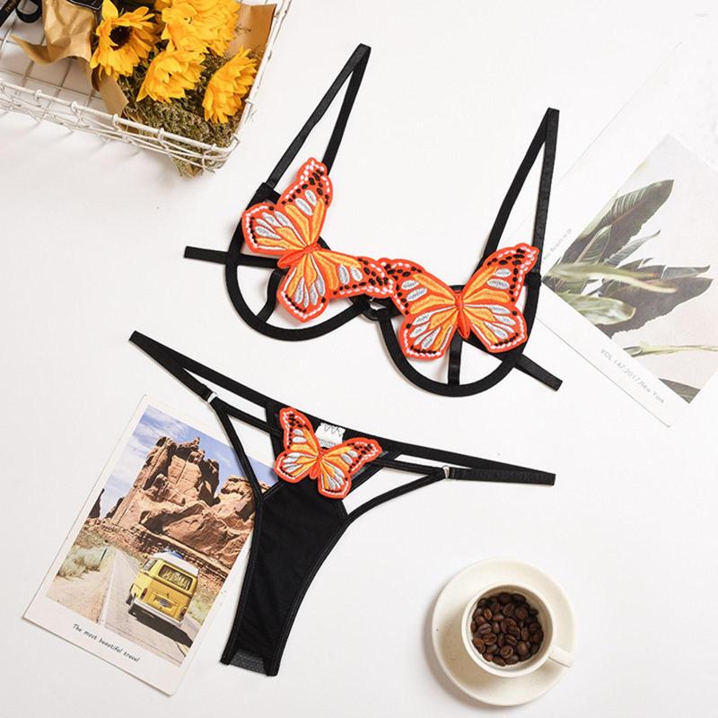 

Bras Sets Sexy Butterfly Lingerie Hollow Out Bra And Party Women's Underwear Female Thong Set Transparent L5, Black
