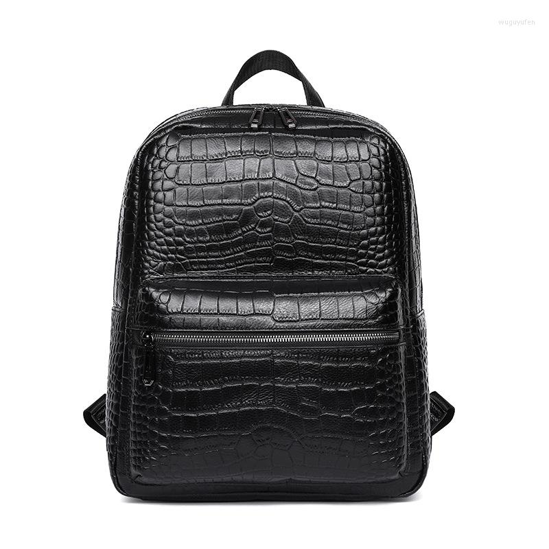 

Backpack 2023 Fashion Cow Genuine Leather Men Backpacks Real Natural Student Boy Luxury Alligator Computer Laptop Bag, Black