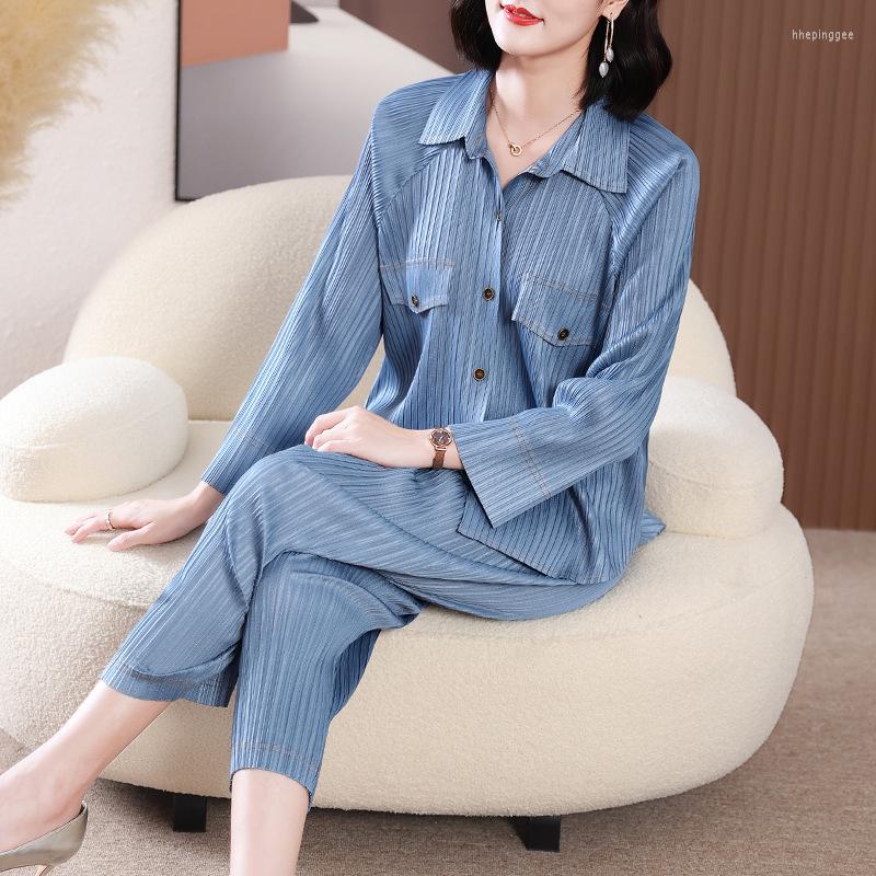 

Women's Two Piece Pants Sets Womens 2 Miyake Pleated 2023 Spring And Summer Turndown Collar Single Breasted Tops Harem, Purple top pant