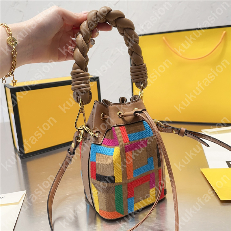 

Colorful Letters Woman Designer Drawstring Bucket Bag Leather Strap Luxury Mini Bucket Bags Vacation Fashion Handbags Sangle Bag, F1