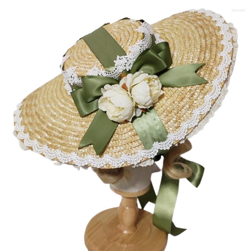 

Wide Brim Hats Lovely Sweet Flat Hat Anime Cosplay Lace Trim Flower Headwear Hair Accessory Handmade Straw Cap For Women Girl