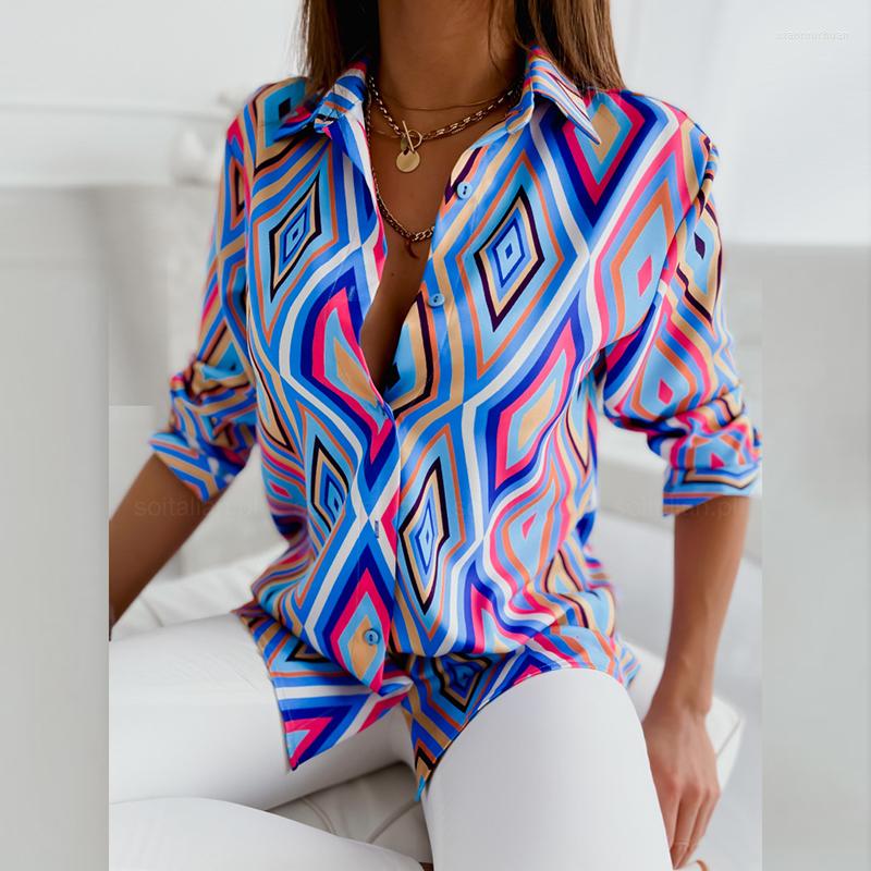 

Women' Blouses Casual Long Sleeve Print Shirt Women 2023 Fashion Turn Down Collar White Shirts Spring Autumn Tops Retro Offices, Blue