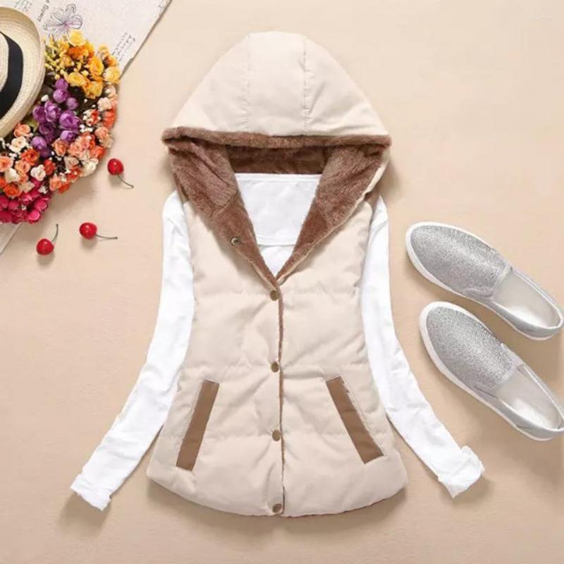 

Women's Vests Polyester Comfy Hooded Women's Sleeveless Jacket Solid Color Fleece Vest Trendy For Winter, Beige